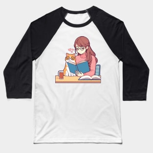 woman reading cat Book Cat Woman reading With A Cat Baseball T-Shirt